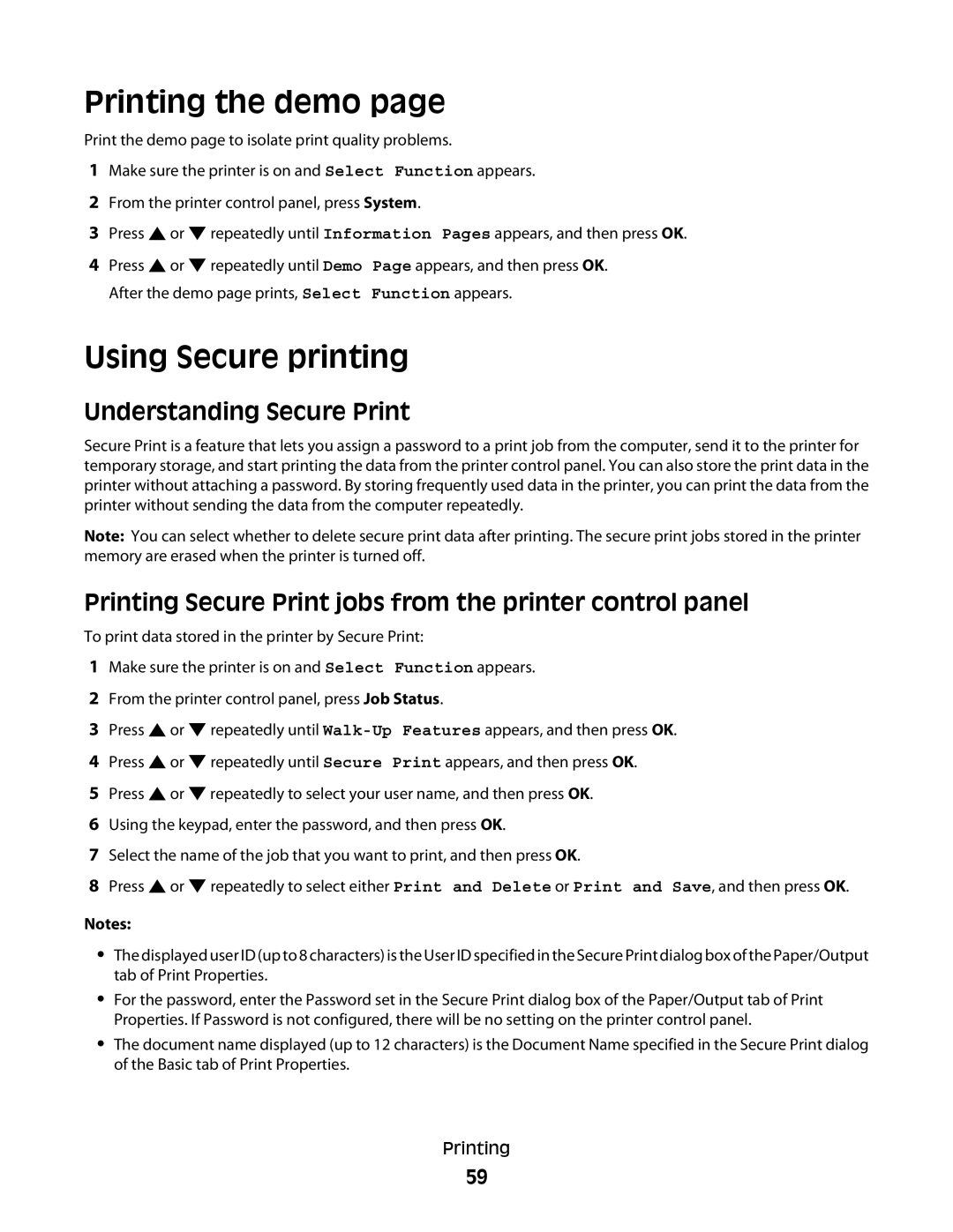 Lexmark 560n manual Printing the demo, Using Secure printing, Understanding Secure Print 