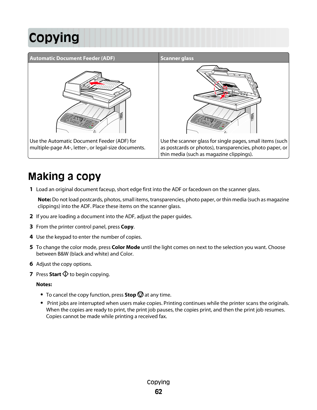 Lexmark 560n manual Cop ying, Making a copy, Automatic Document Feeder ADF, Scanner glass 