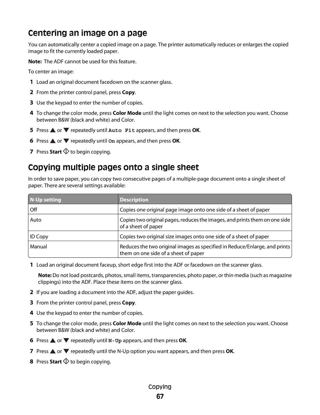 Lexmark 560n manual Centering an image on a, Copying multiple pages onto a single sheet, Up setting 