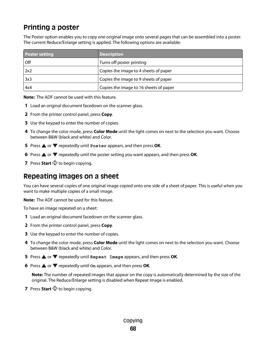 Lexmark 560n manual Printing a poster, Repeating images on a sheet, Poster setting Description 