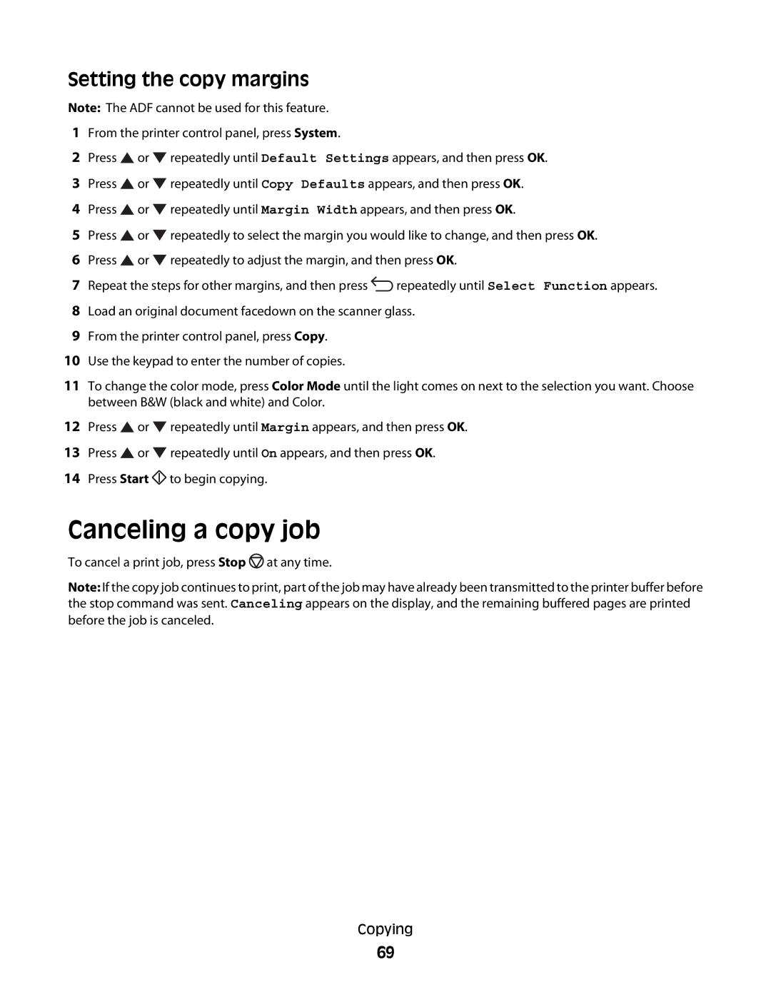 Lexmark 560n manual Canceling a copy job, Setting the copy margins 