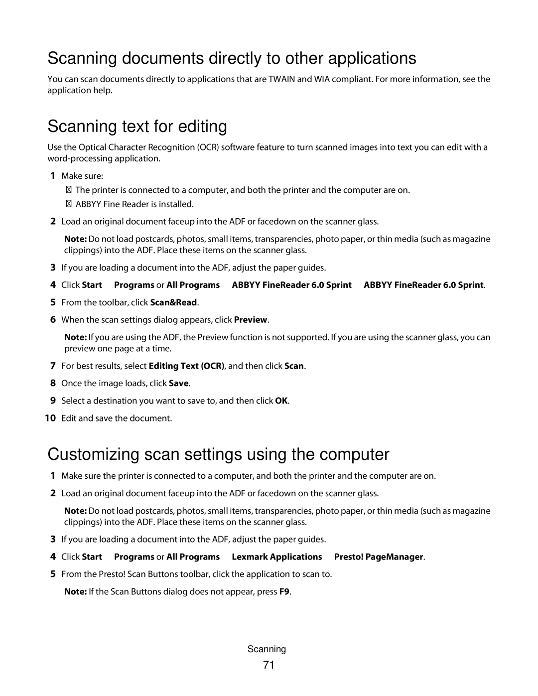 Lexmark 560n manual Scanning documents directly to other applications, Scanning text for editing 