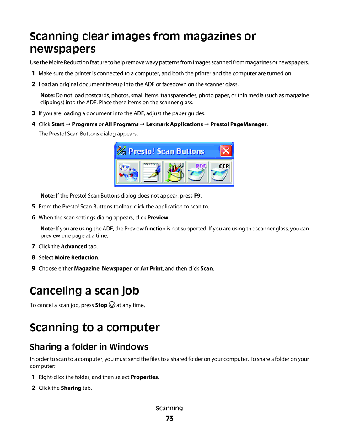 Lexmark 560n manual Scanning clear images from magazines or newspapers, Canceling a scan job, Scanning to a computer 