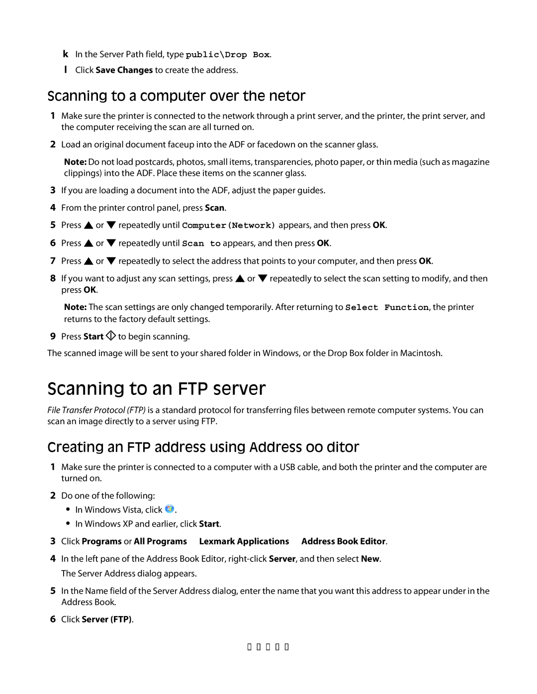 Lexmark 560n manual Scanning to an FTP server, Scanning to a computer over the network, Click Server FTP 