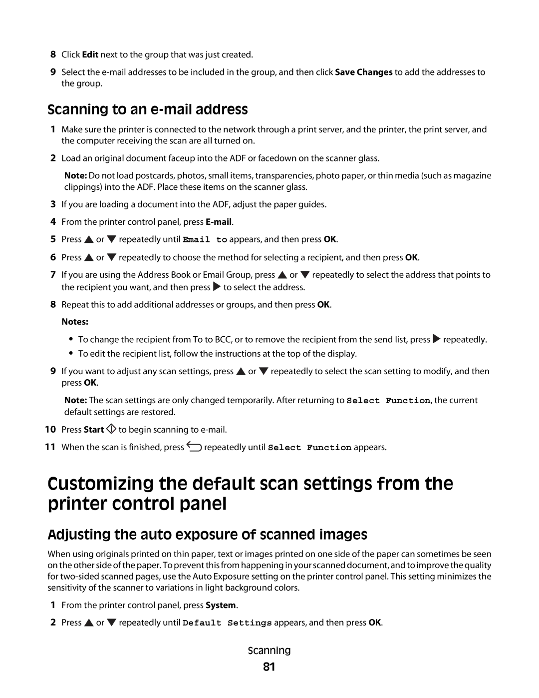 Lexmark 560n manual Scanning to an e-mail address, Adjusting the auto exposure of scanned images 