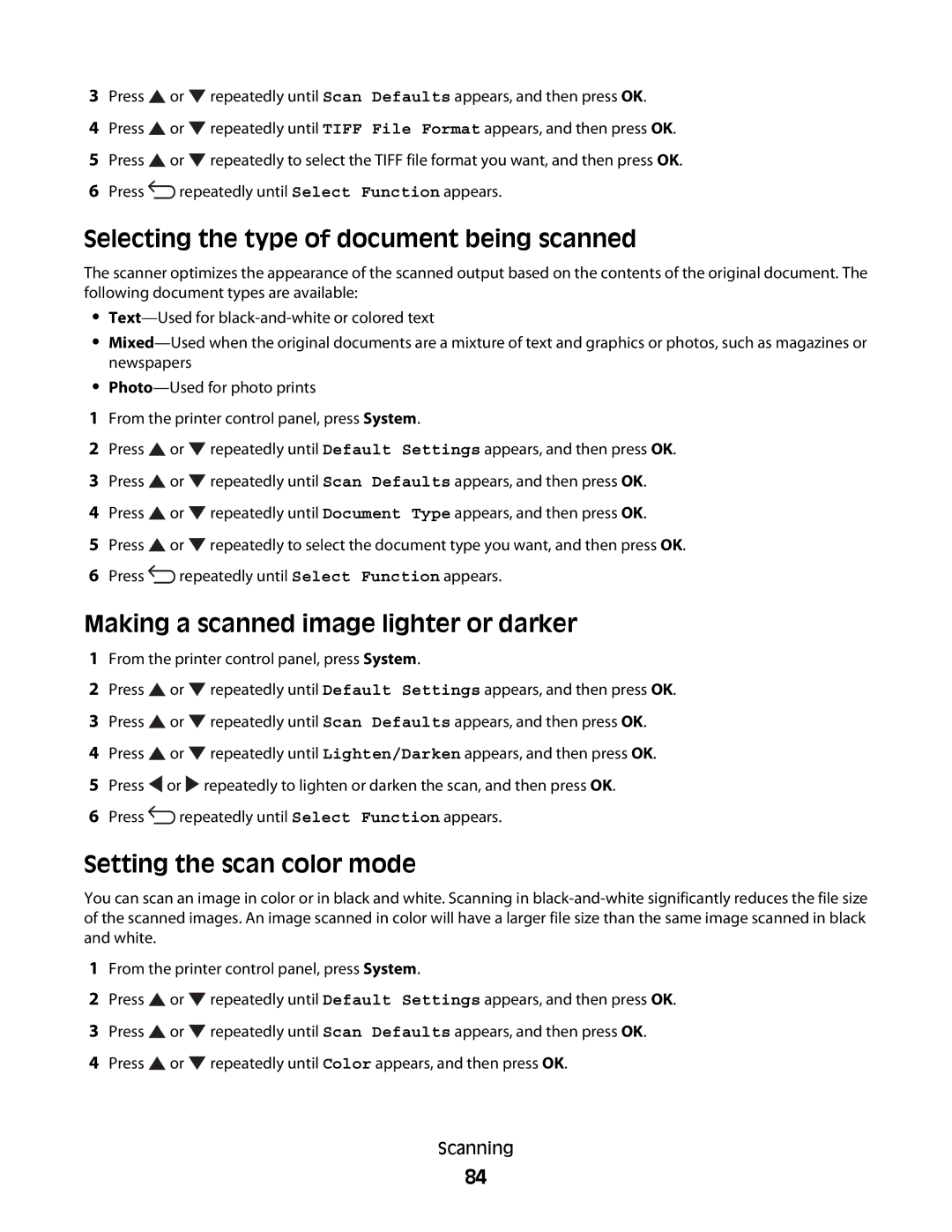 Lexmark 560n manual Selecting the type of document being scanned, Making a scanned image lighter or darker 