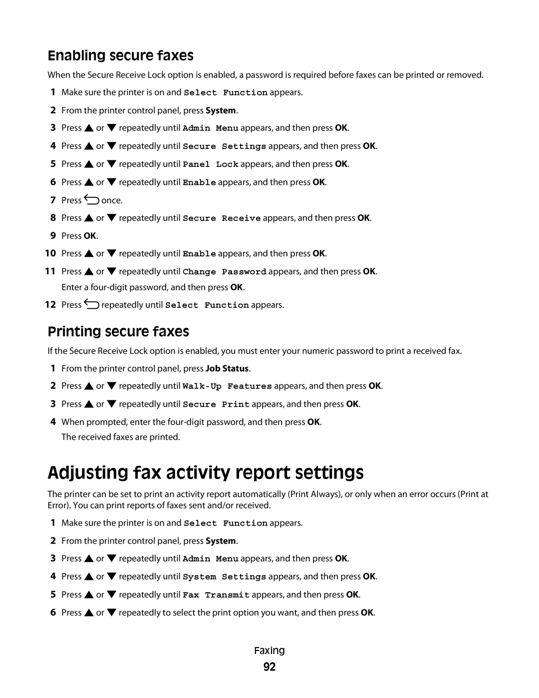 Lexmark 560n manual Adjusting fax activity report settings, Enabling secure faxes, Printing secure faxes 