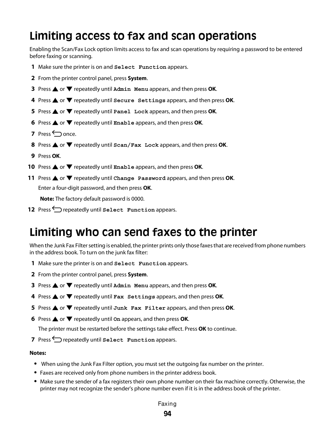 Lexmark 560n manual Limiting access to fax and scan operations, Limiting who can send faxes to the printer 