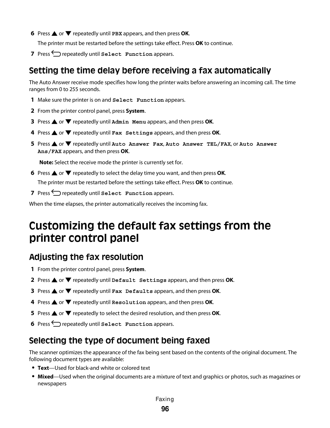 Lexmark 560n manual Setting the time delay before receiving a fax automatically, Adjusting the fax resolution 