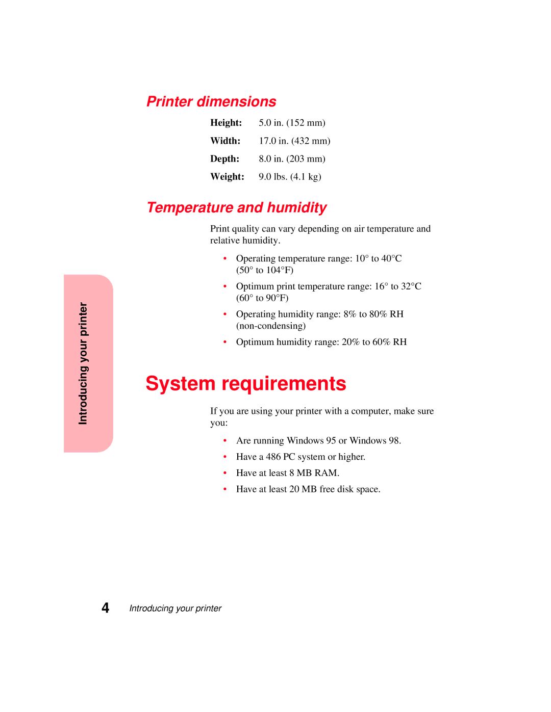 Lexmark 5770 manual System requirements, Printer dimensions, Temperature and humidity 