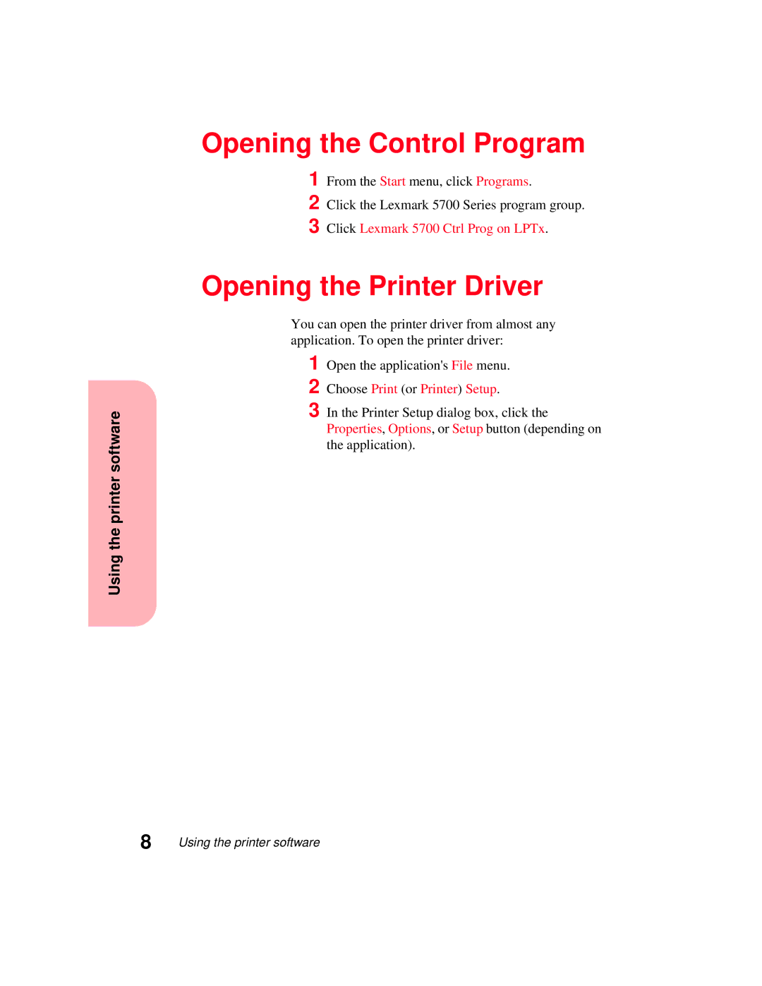 Lexmark 5770 manual Opening the Control Program, Opening the Printer Driver 