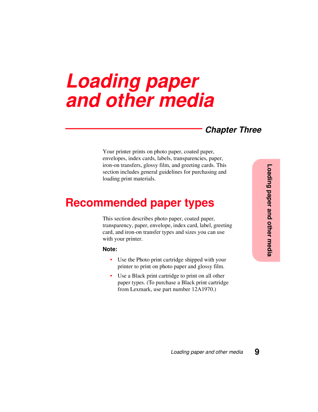 Lexmark 5770 manual Loading paper and other media, Recommended paper types, Chapter Three 