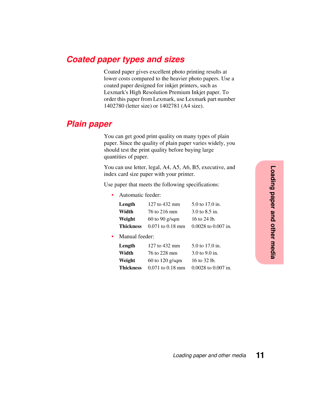 Lexmark 5770 manual Coated paper types and sizes, Plain paper 