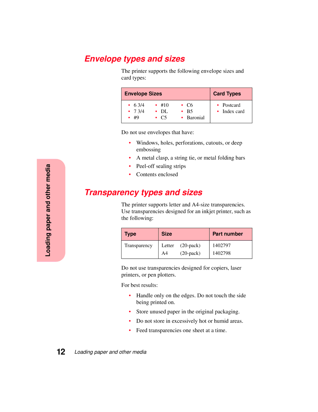 Lexmark 5770 manual Envelope types and sizes, Transparency types and sizes 