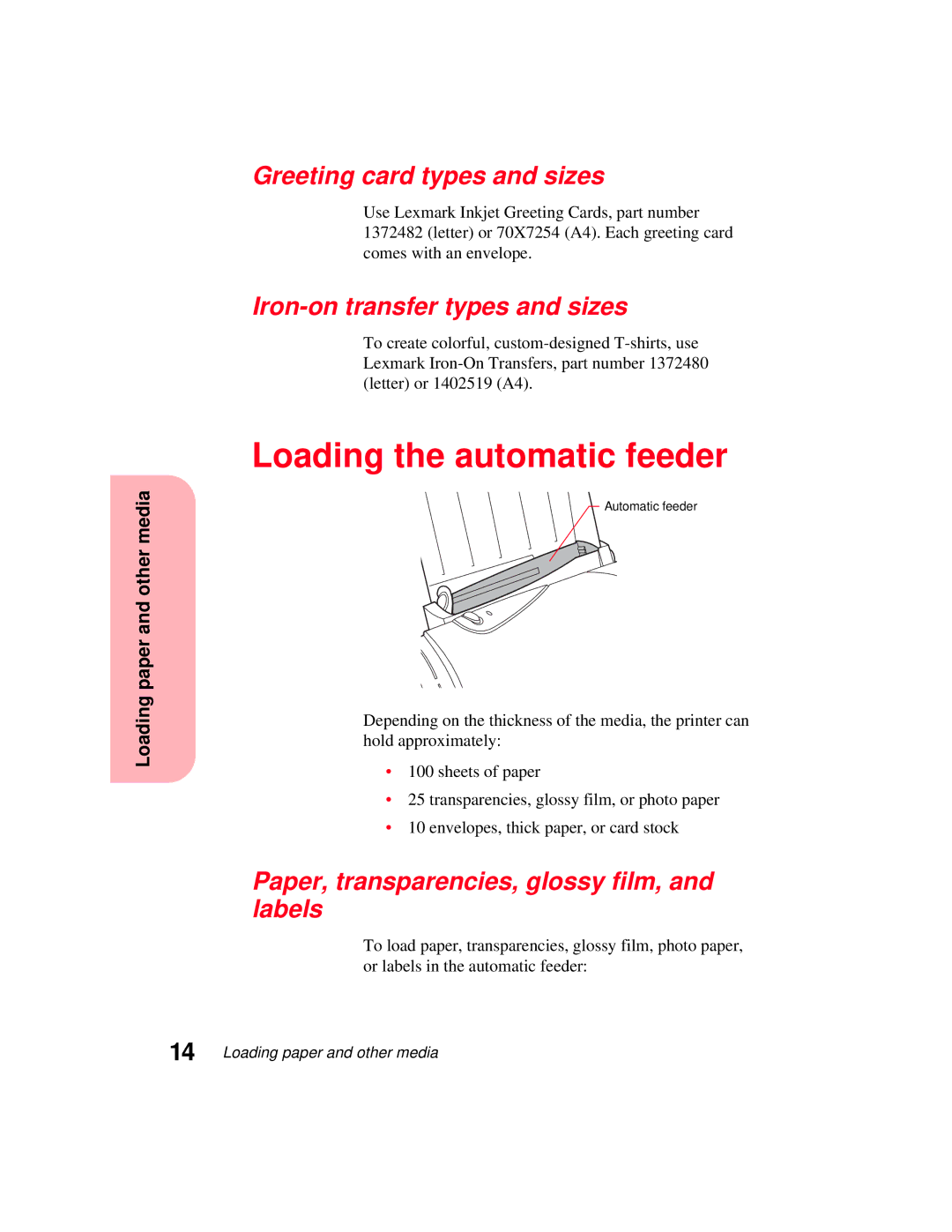 Lexmark 5770 manual Loading the automatic feeder, Greeting card types and sizes, Iron-on transfer types and sizes 