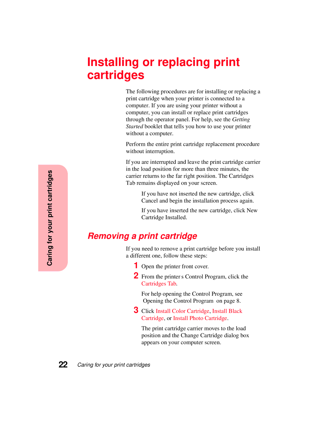 Lexmark 5770 manual Installing or replacing print cartridges, Removing a print cartridge 