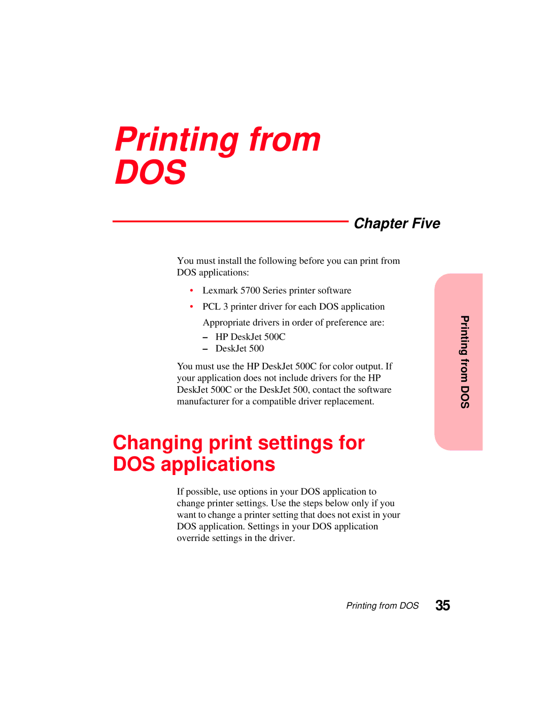 Lexmark 5770 manual Printing from, Changing print settings for DOS applications, Chapter Five 