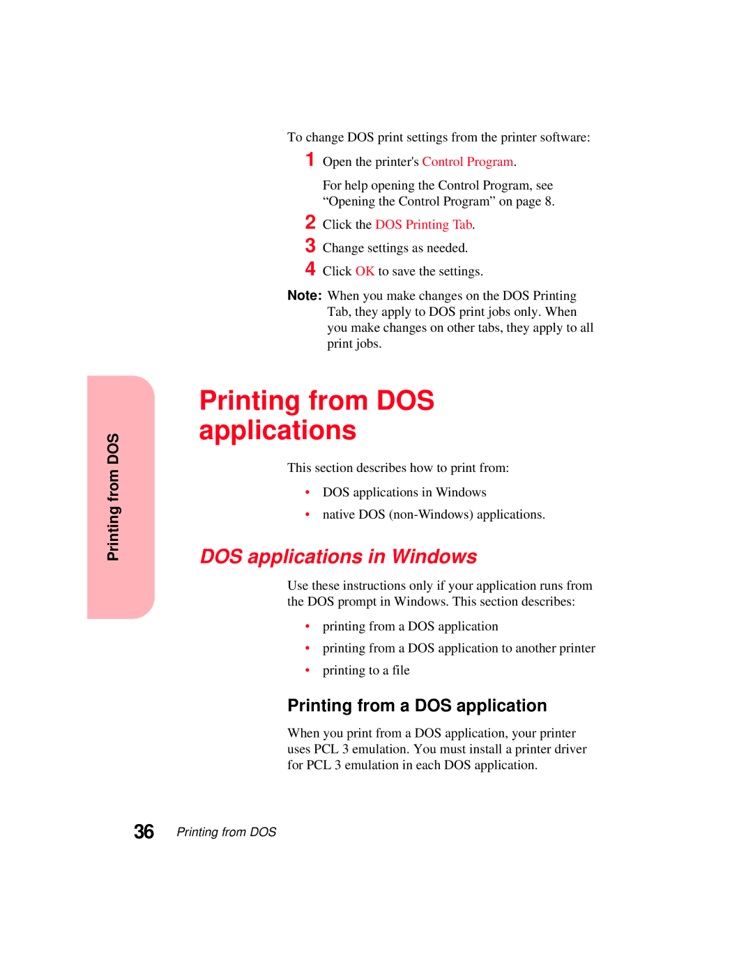 Lexmark 5770 manual Printing from DOS applications, DOS applications in Windows 