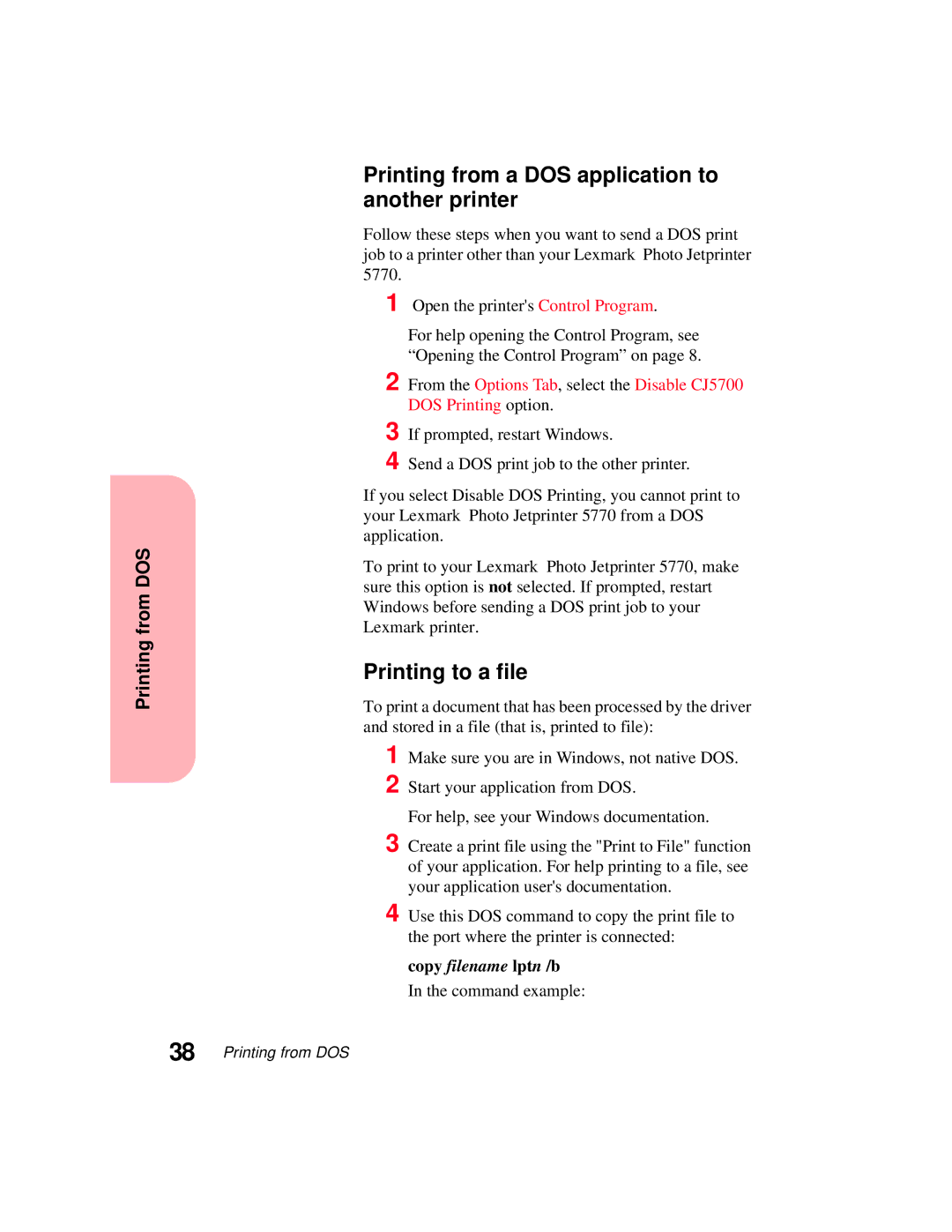 Lexmark 5770 manual Printing from a DOS application to another printer 