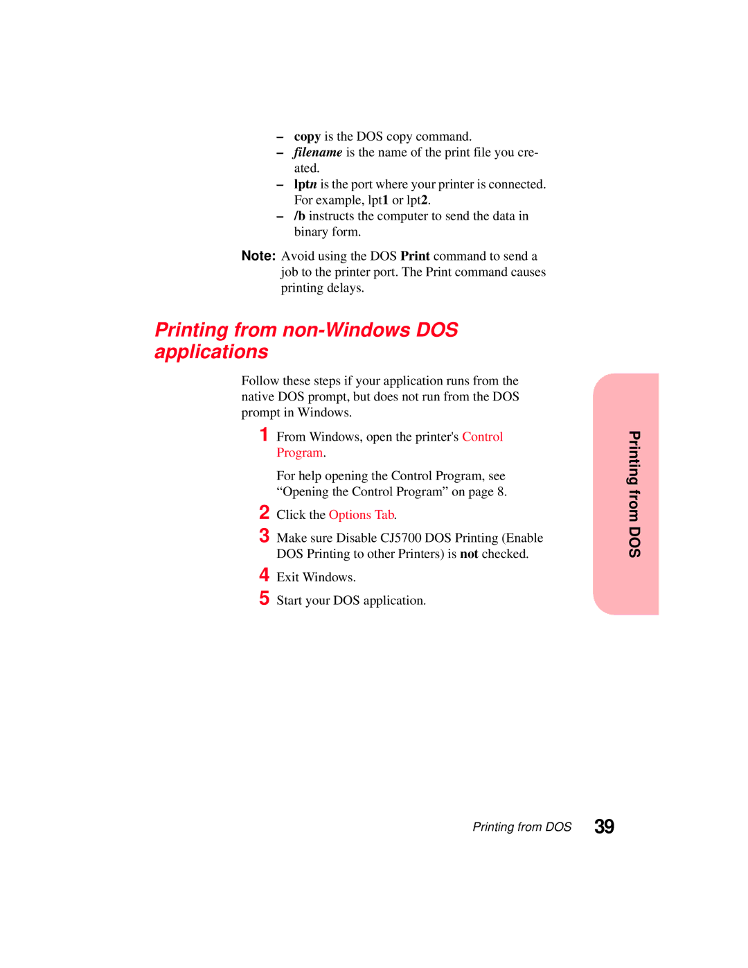 Lexmark 5770 manual Printing from non-Windows DOS applications 