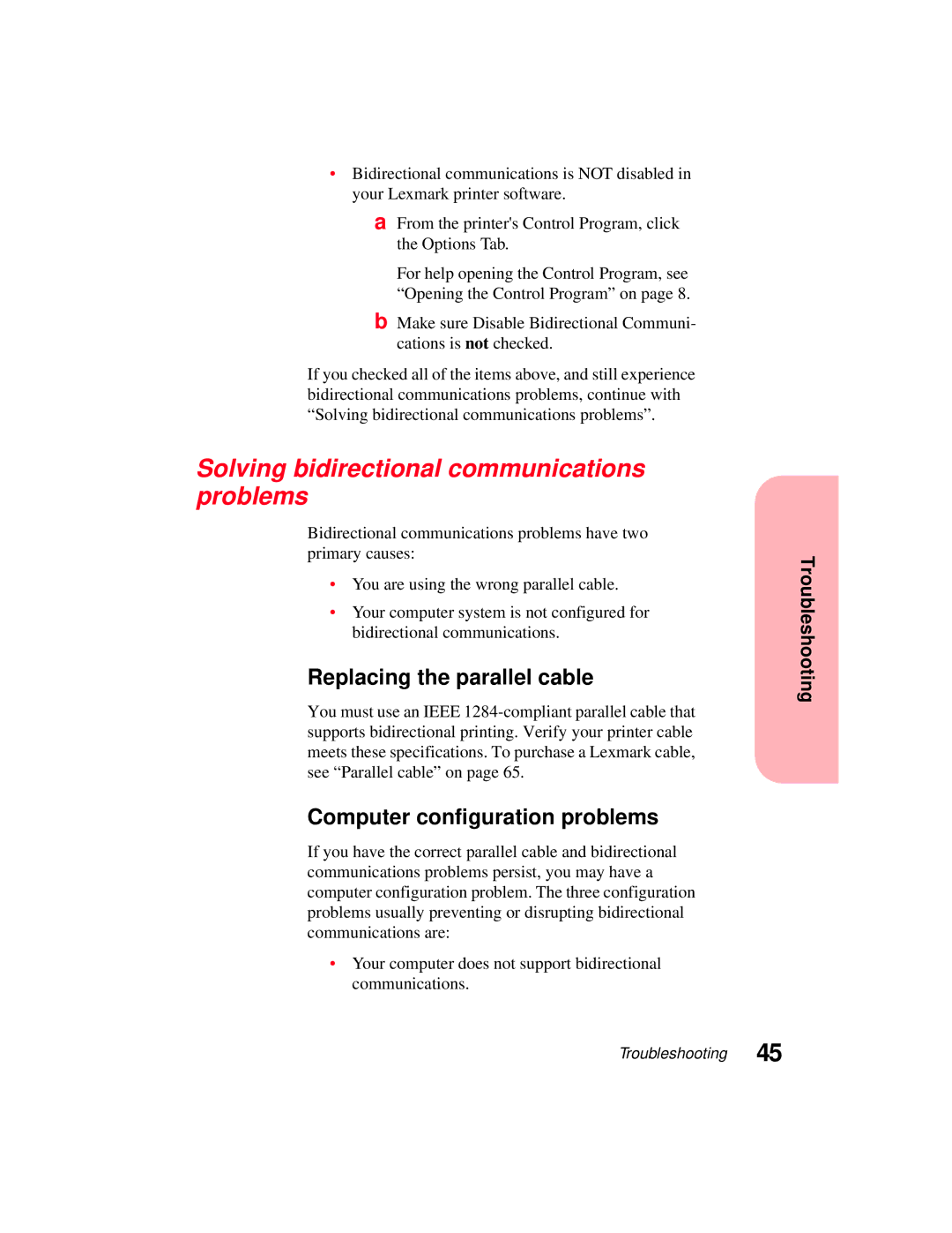 Lexmark 5770 manual Solving bidirectional communications problems, Replacing the parallel cable 