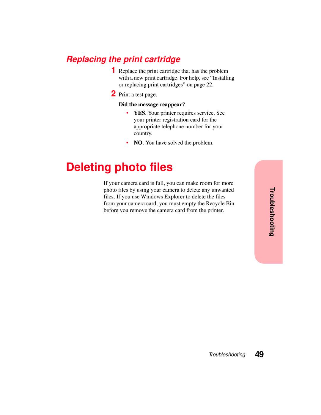 Lexmark 5770 manual Deleting photo files, Replacing the print cartridge 