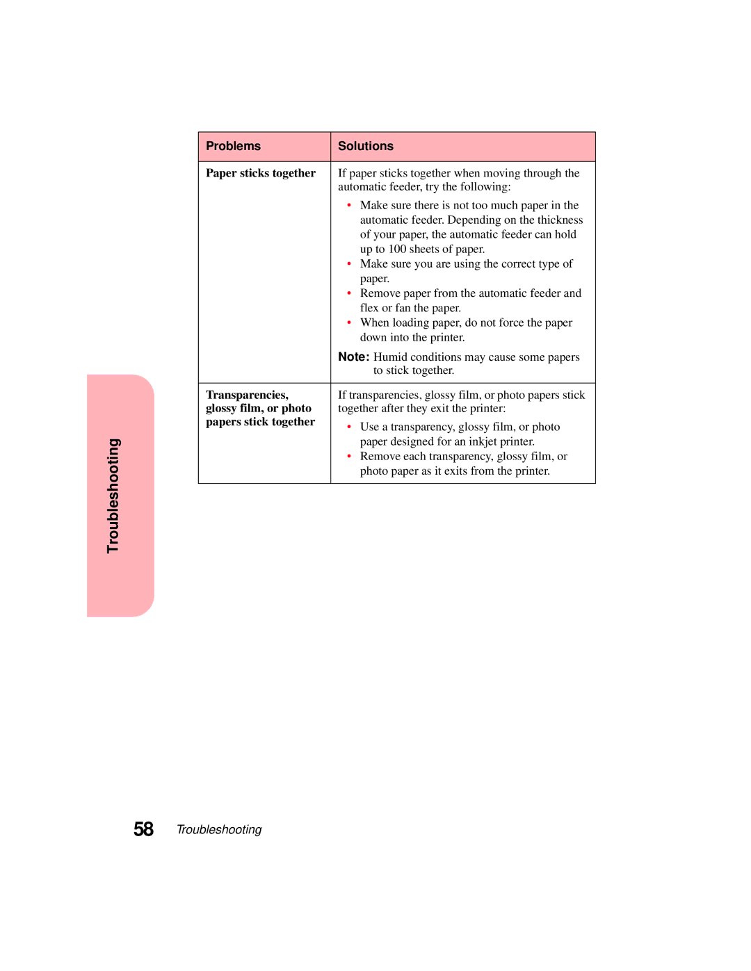 Lexmark 5770 manual Paper sticks together, Transparencies, Glossy film, or photo, Papers stick together 