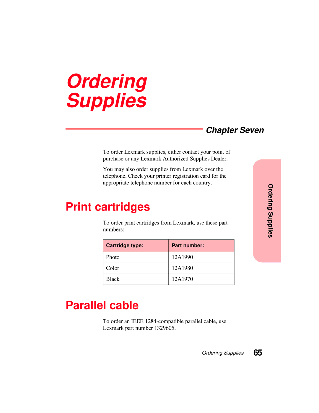 Lexmark 5770 manual Ordering Supplies, Print cartridges, Parallel cable, Chapter Seven 