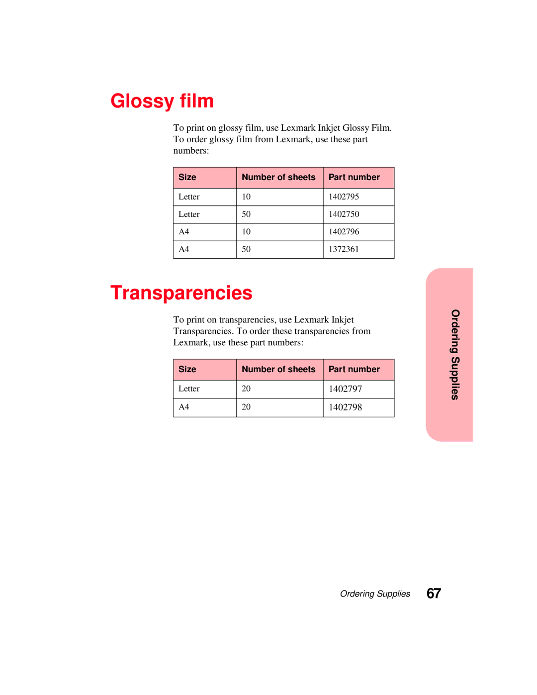 Lexmark 5770 manual Glossy film, Transparencies 