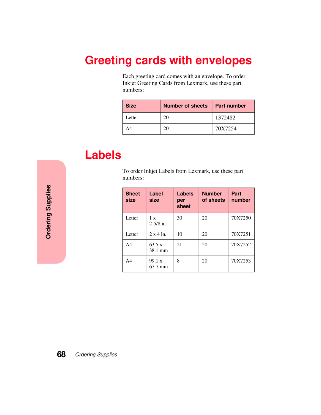 Lexmark 5770 manual Greeting cards with envelopes, Labels 