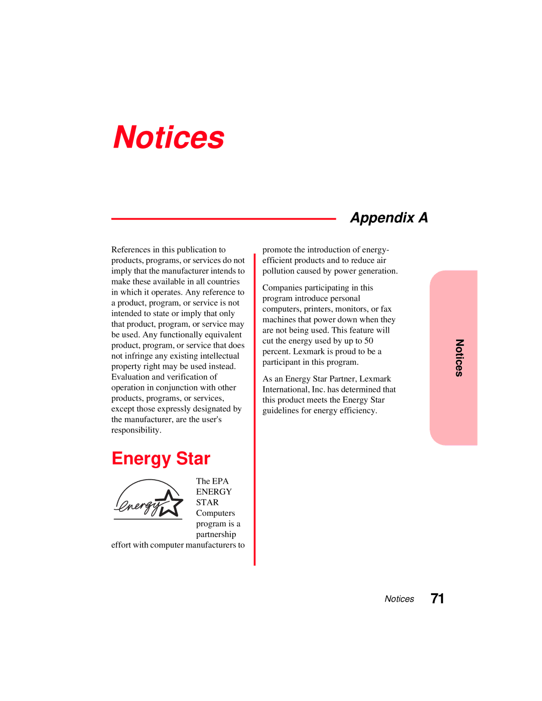 Lexmark 5770 manual Energy Star, Appendix a 