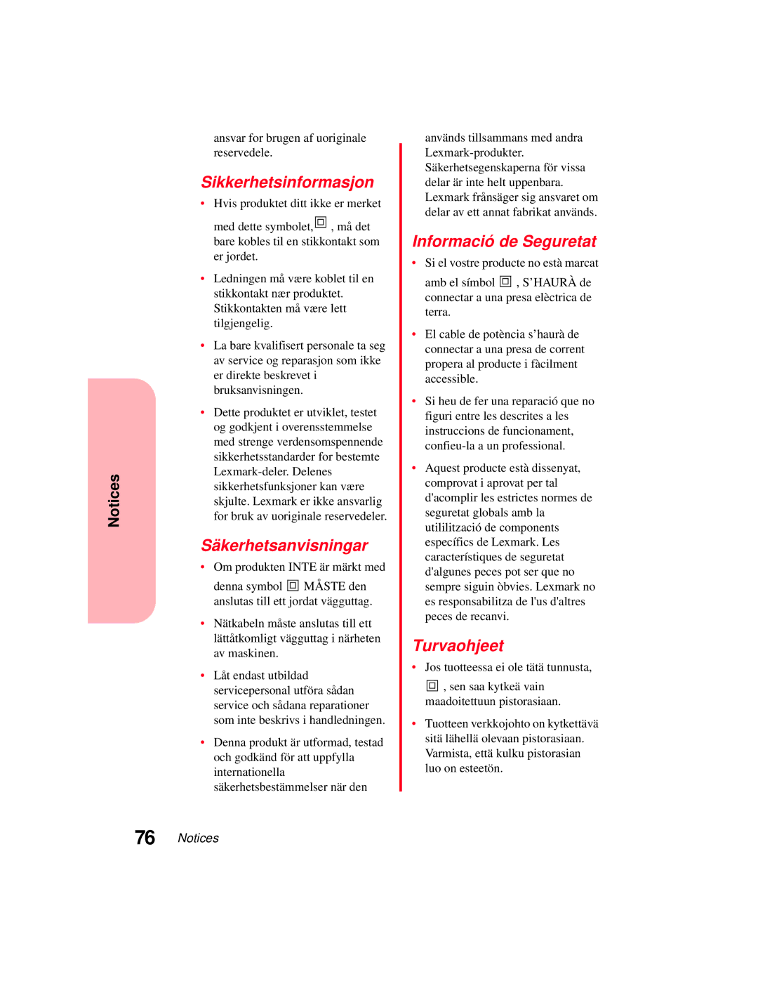 Lexmark 5770 manual Sikkerhetsinformasjon 