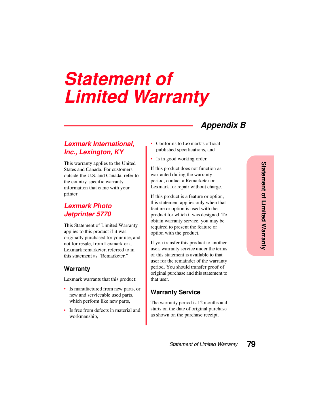 Lexmark 5770 manual Statement of Limited Warranty, Appendix B 