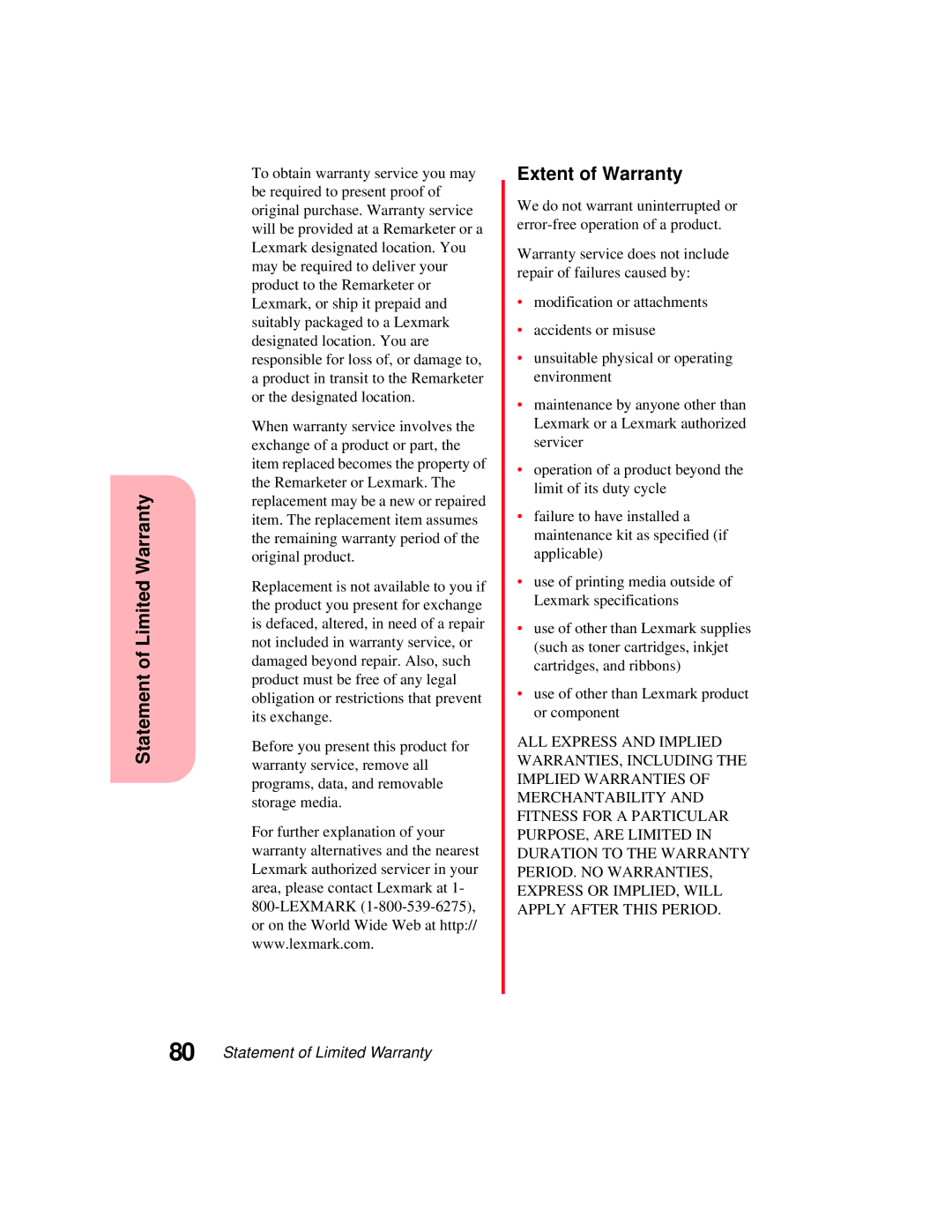 Lexmark 5770 manual Extent of Warranty 