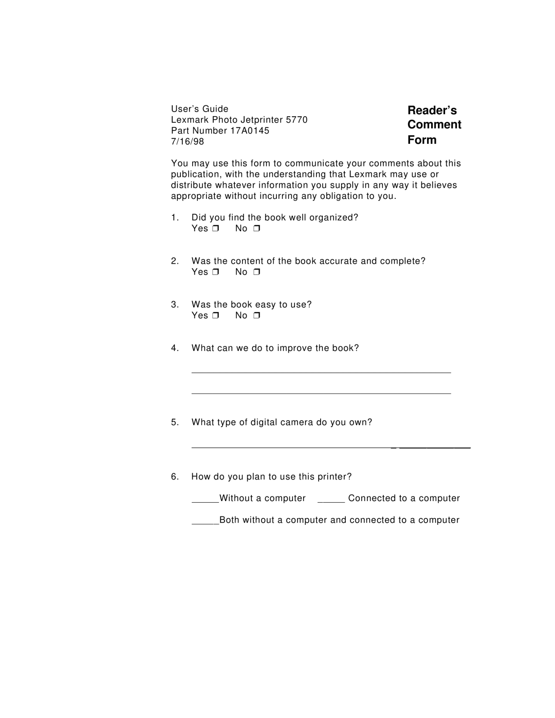 Lexmark 5770 manual Reader’s 