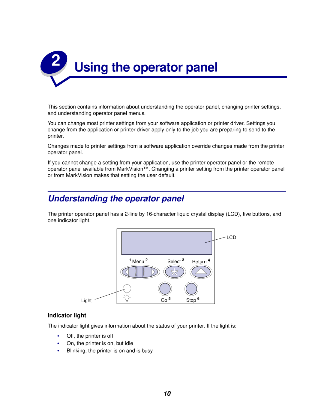 Lexmark 620, 622 manual Understanding the operator panel, Menu Select 3 Return 