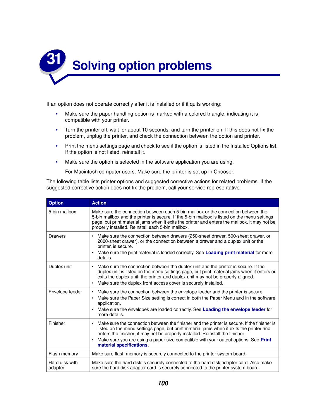 Lexmark 620, 622 manual Solving option problems, 100 