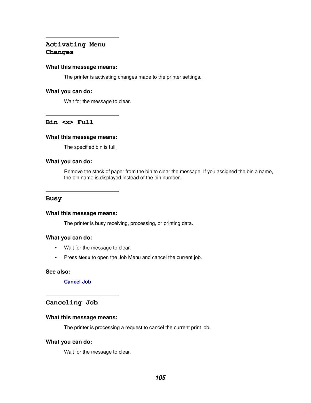 Lexmark 622, 620 manual Activating Menu Changes, Bin x Full, Busy, Canceling Job, 105 