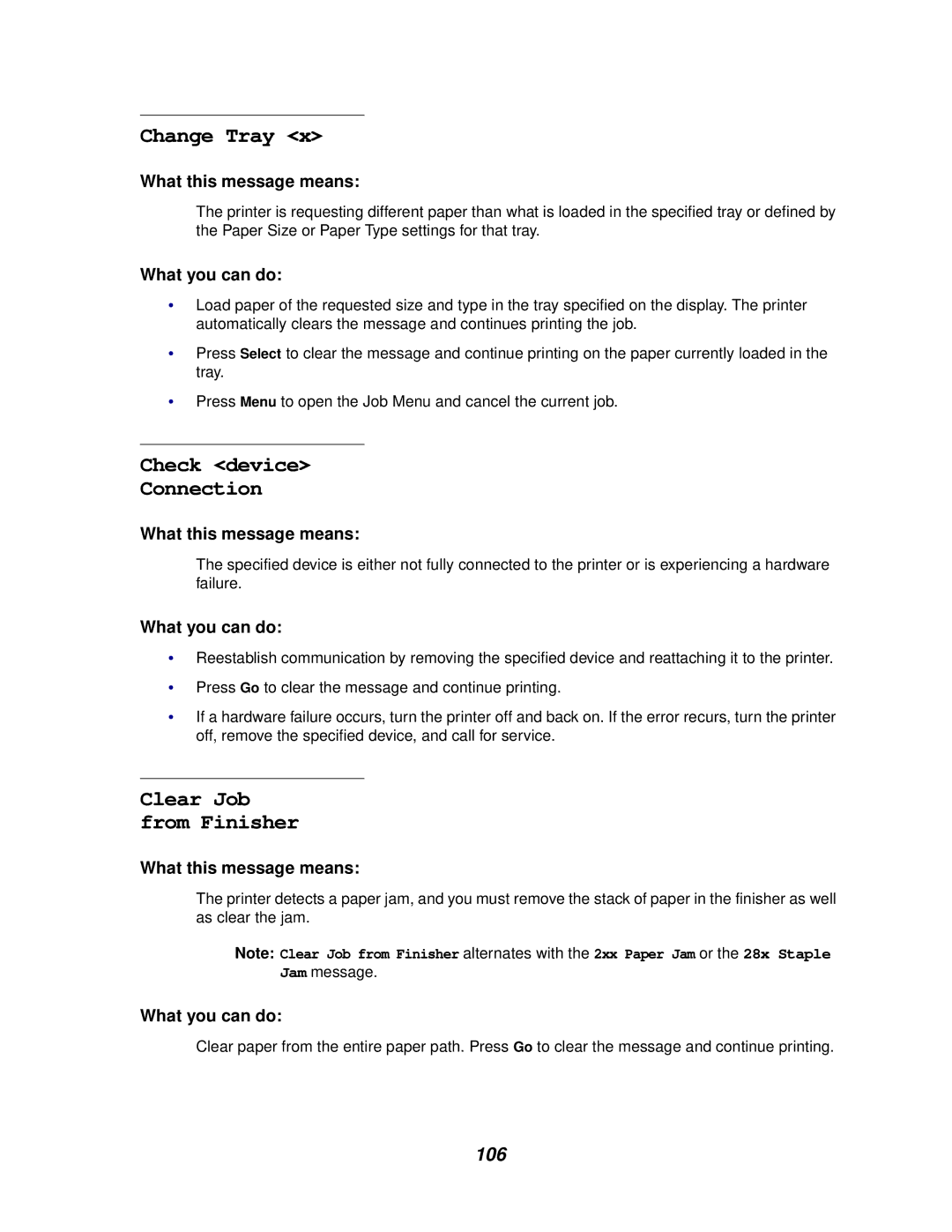 Lexmark 620, 622 manual Change Tray, Check device Connection, 106 