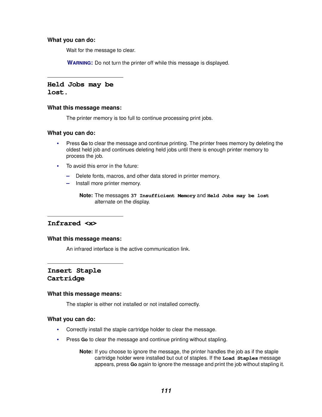 Lexmark 622, 620 manual Held Jobs may be lost, Infrared, Insert Staple Cartridge, 111 