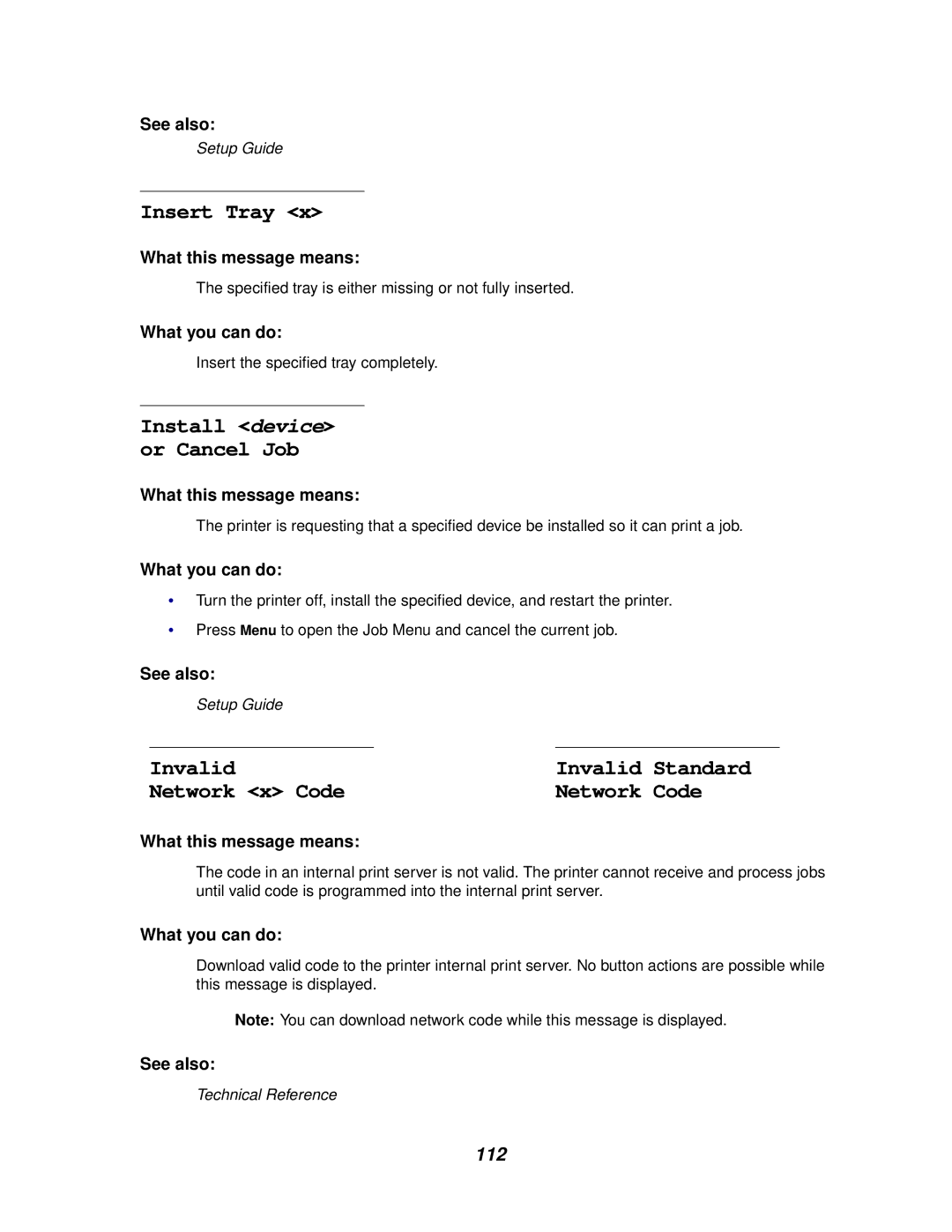 Lexmark 620, 622 manual Insert Tray, Invalid, Network x Code, 112 