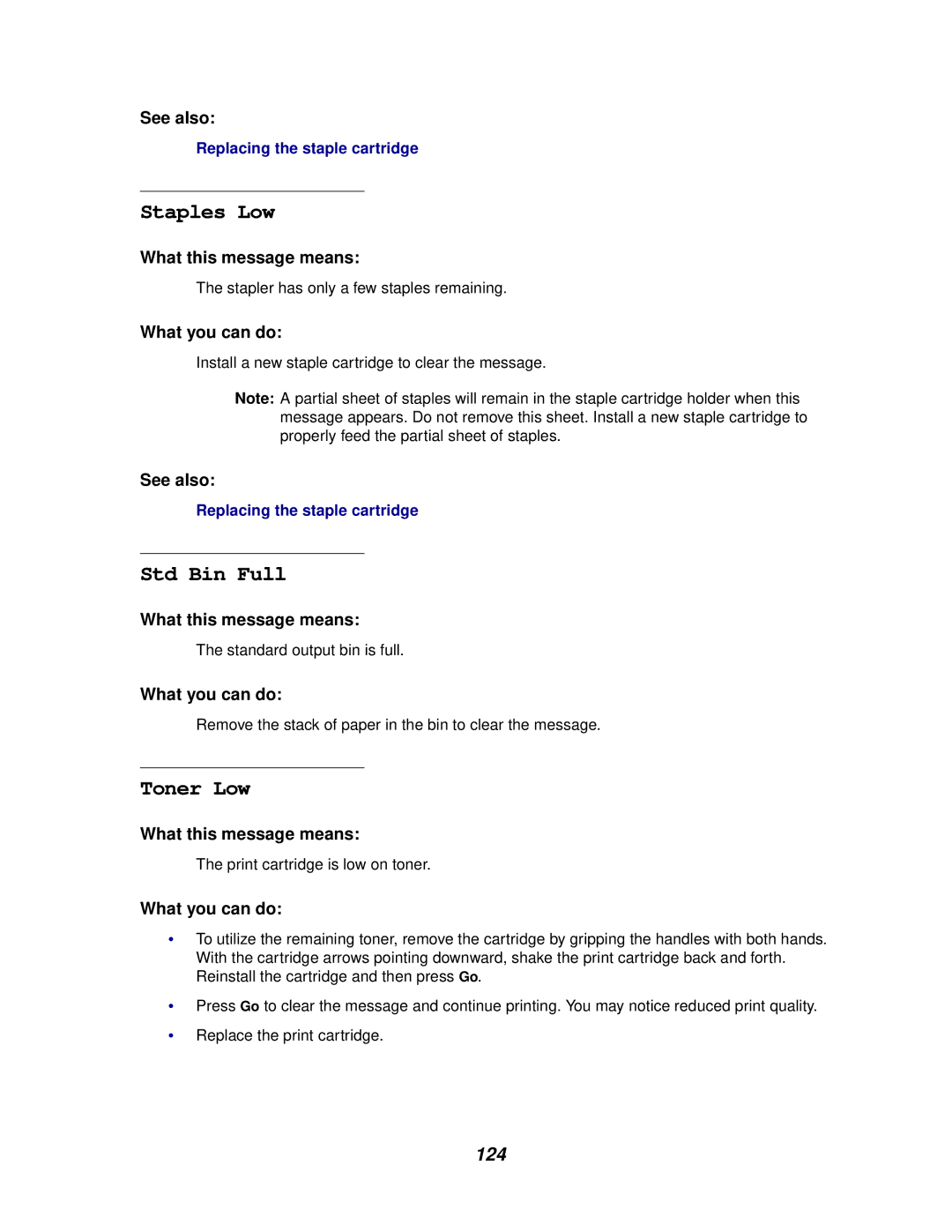 Lexmark 620, 622 manual Staples Low, Std Bin Full, Toner Low, 124 