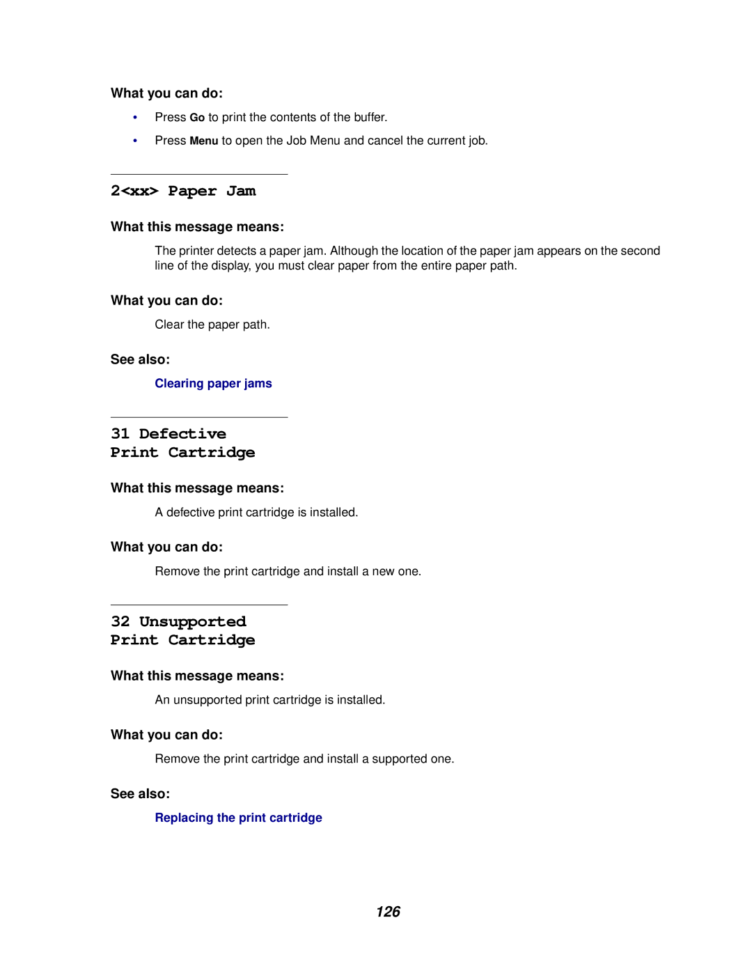 Lexmark 620, 622 manual 2xx Paper Jam, Defective Print Cartridge, 126 