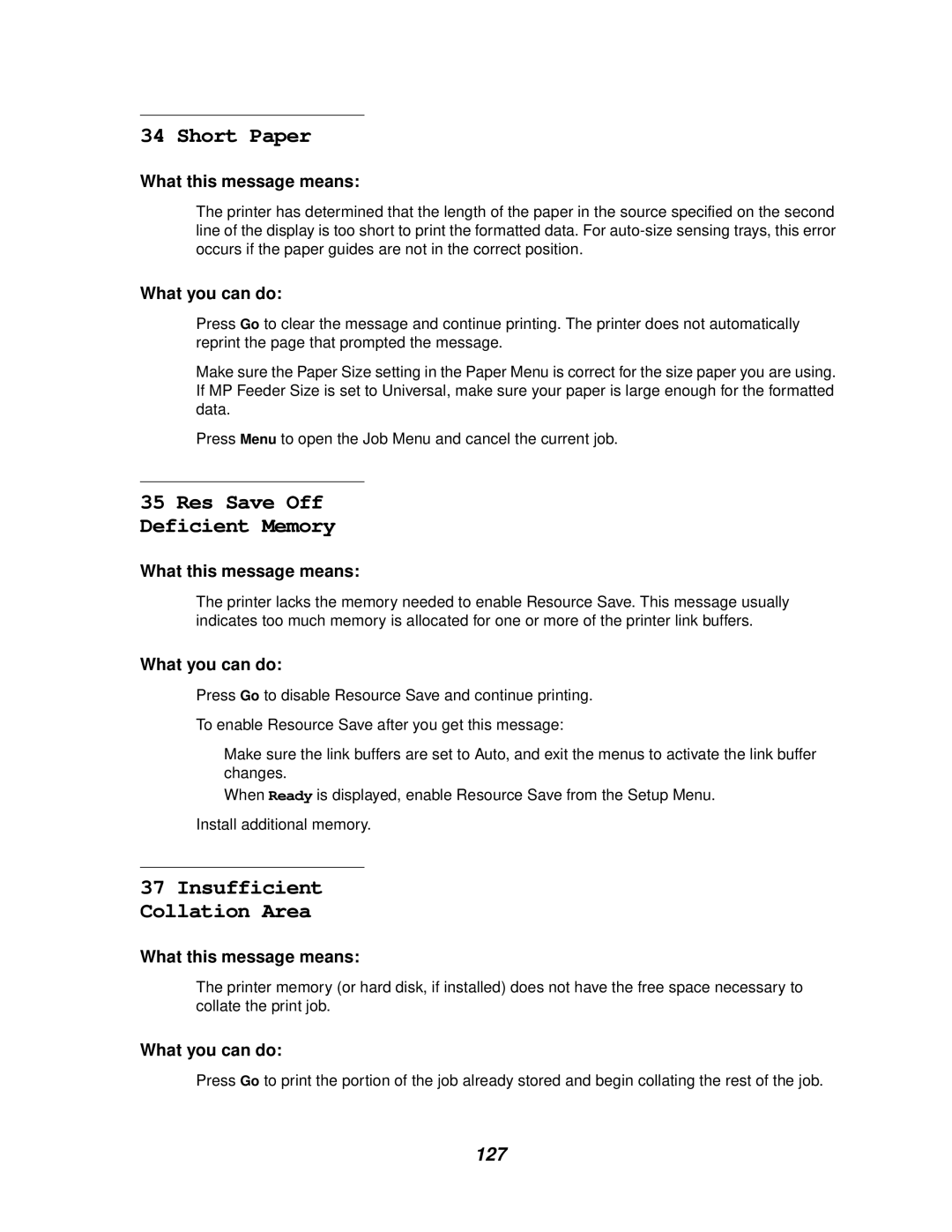 Lexmark 622, 620 manual Short Paper, Res Save Off Deficient Memory, 127 