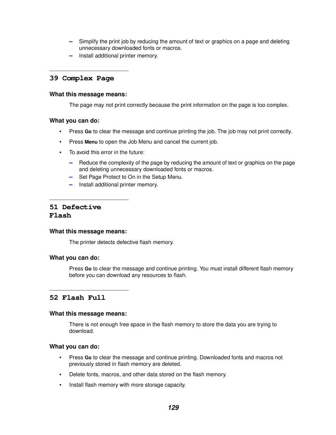 Lexmark 622, 620 manual Complex, Defective Flash, Flash Full, 129 