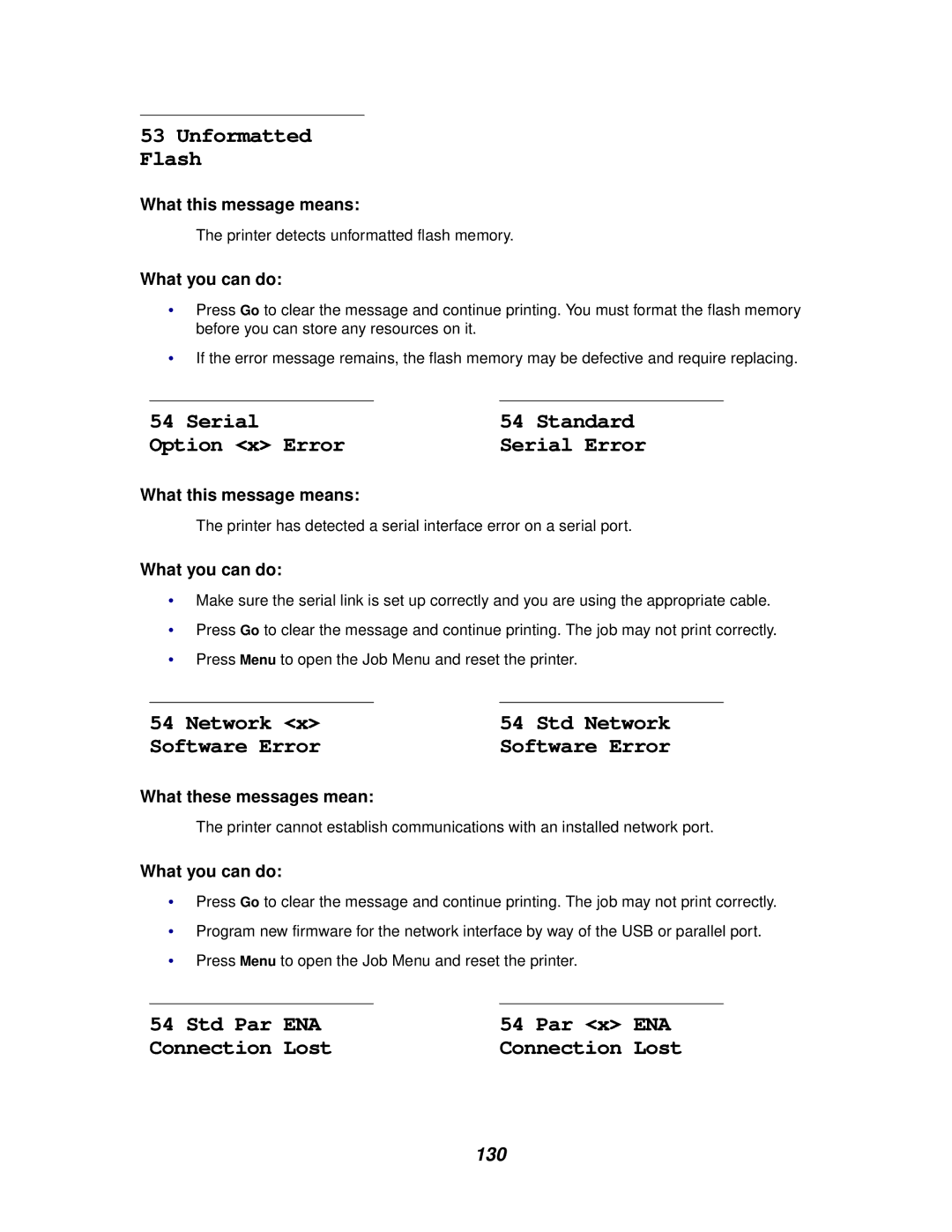 Lexmark 620, 622 manual Unformatted Flash, Serial Standard Option x Error, Software Error, Std Par, 54 Par, Connection Lost 