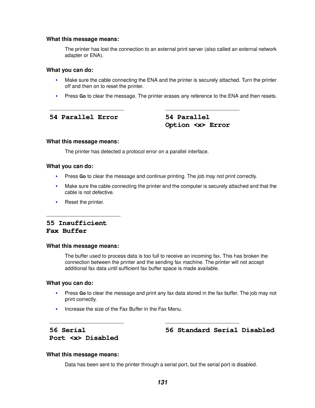 Lexmark 622, 620 manual Parallel Error, Port x Disabled, 131 