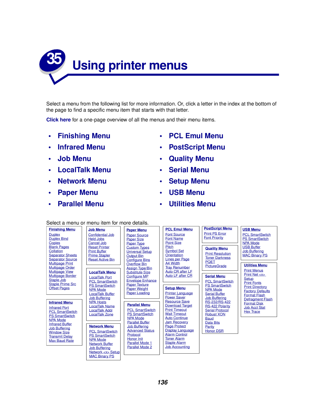 Lexmark 620, 622 manual Using printer menus, 136 