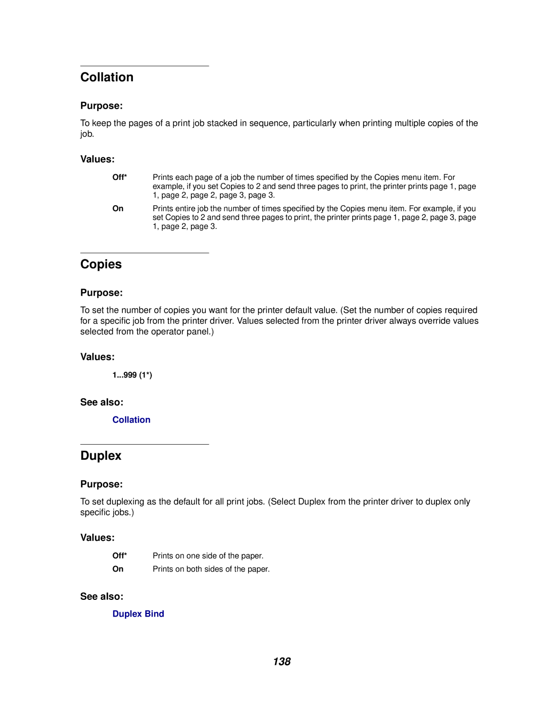 Lexmark 620, 622 manual Collation, Copies, Duplex, 138 