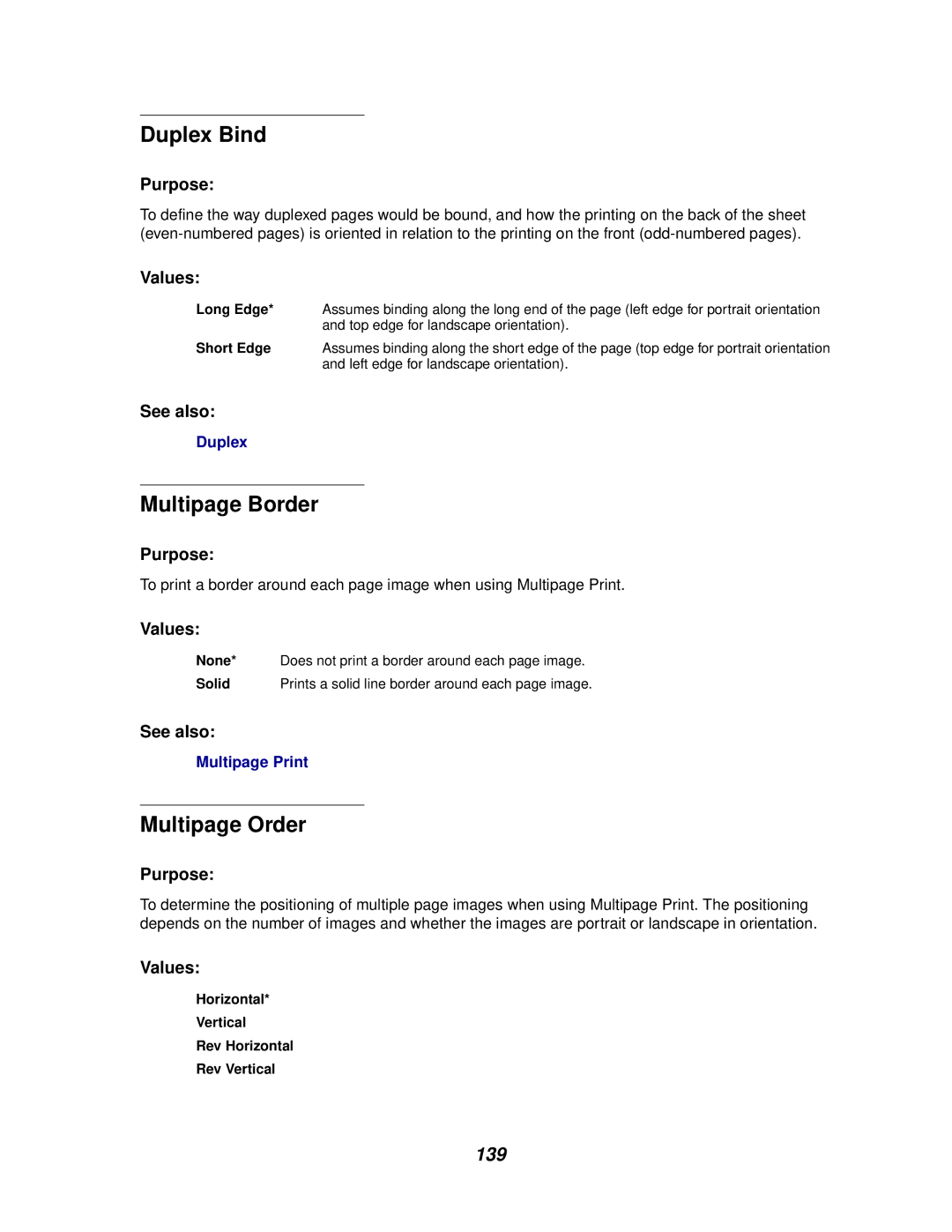 Lexmark 622, 620 manual Duplex Bind, Multipage Border, Multipage Order, 139 